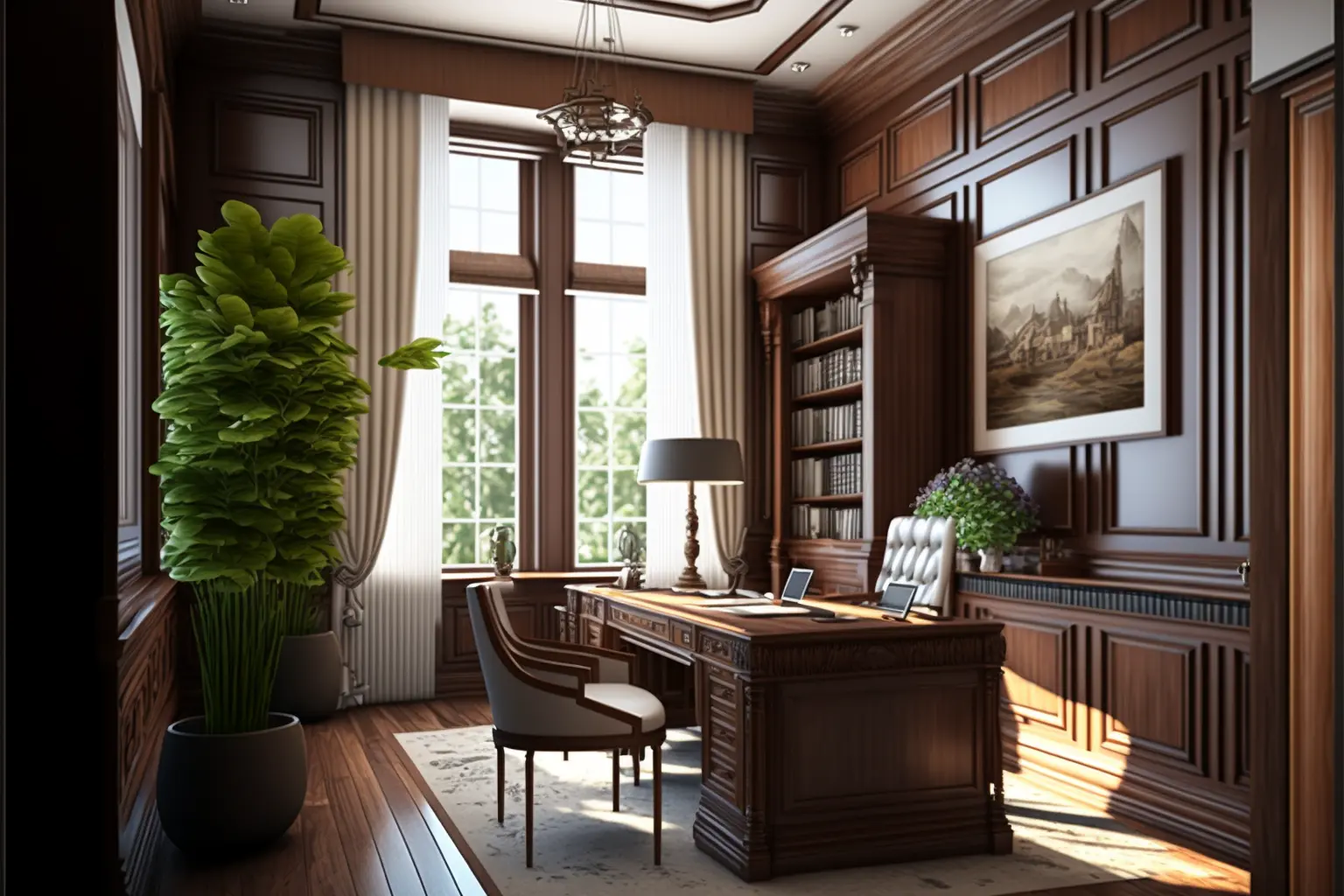 Interior Design, a perspective of of a study room with mahogany walls and a large desk of walnut wood, large windows with natural light, Light colors, plants, modern furniture, classical interior design